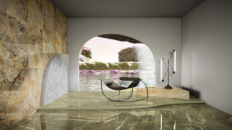"Espace de relaxation avec sol en carrelage effet marbre vert et mur accent en marbre jaune d'Éco Ceramik, évoquant un cadre naturel et luxueux.