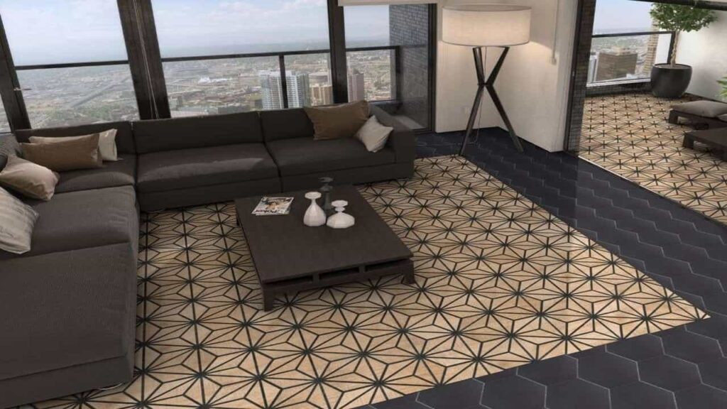 Salon moderne avec un sol en carrelage hexagonal d'Éco Ceramik, mêlant des tons neutres et des motifs géométriques audacieux.